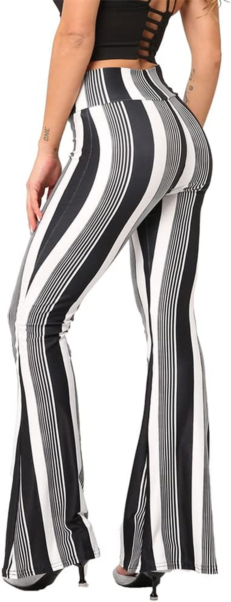 Women'S Ladies High Waist Boho Stripe Floral Print Flare Bell Bottoms Wide Leg Palazzo Yoga Pants Stretchy 70S Flared Leggings Long Trousers Black- Stripe Small-Medium