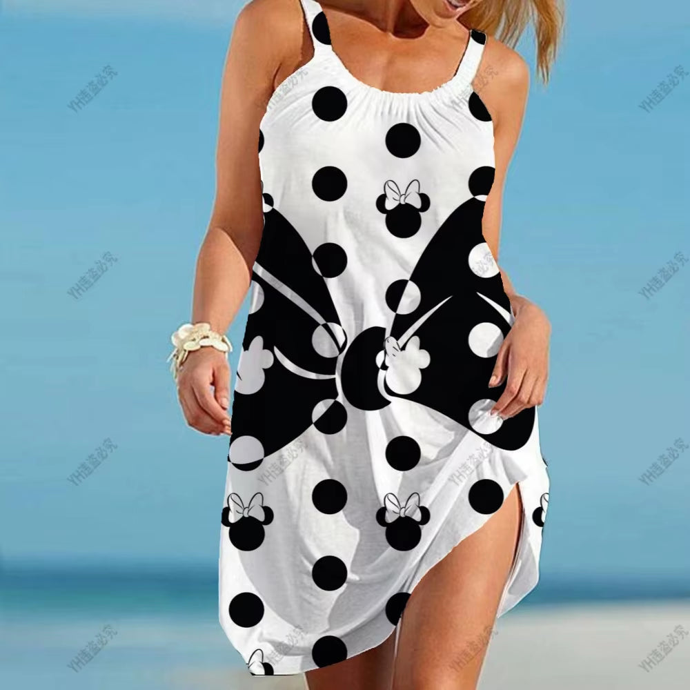 Women'S Causal O-Neck Sleeveless Ruffled Mini Skirt Bohemian Mickey Mouse Printed Beach Sun Skirt plus Size Loose Fitting Dress