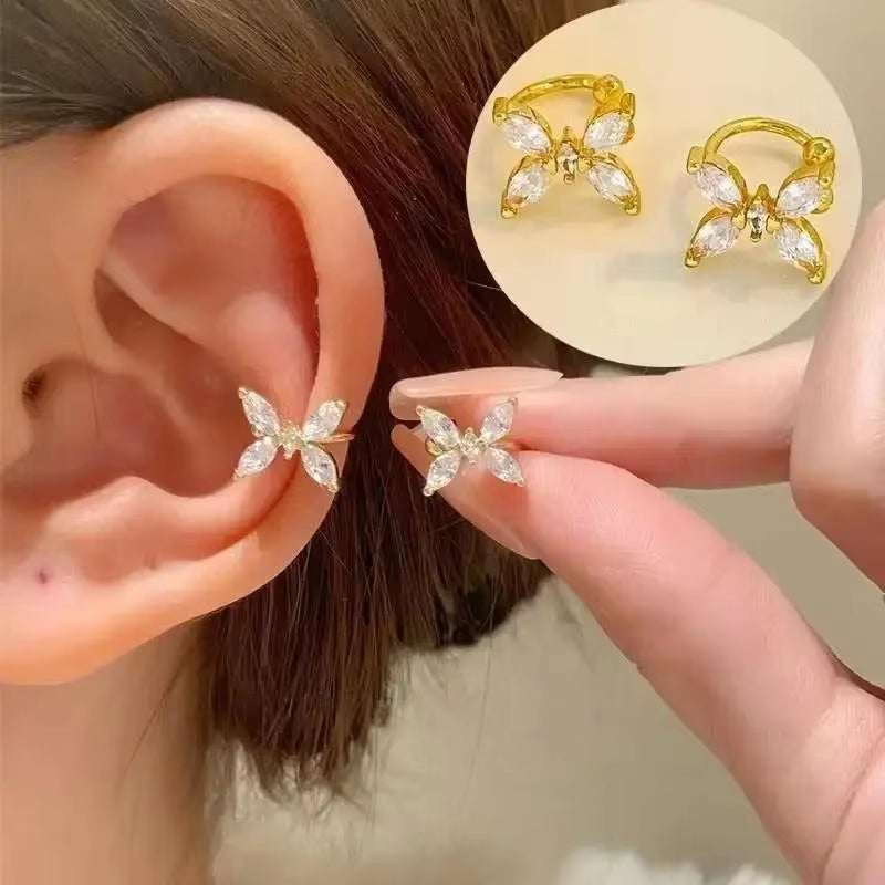 Korean Fashion Crystal Heart Ear Clip Earrings for Women Jewelry Ear Cuffs without Hole Single Double Layer Heart Fake Earrings