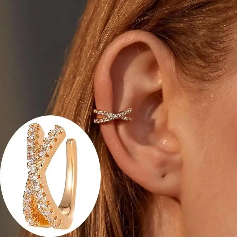 Korean Fashion Crystal Heart Ear Clip Earrings for Women Jewelry Ear Cuffs without Hole Single Double Layer Heart Fake Earrings