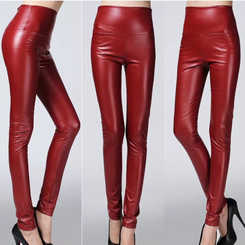 Lady Stretched High Waist Fashion Street Leggings Women Solid Silver Golden Sexy Pants Bright Imitation Leather Costume Legging