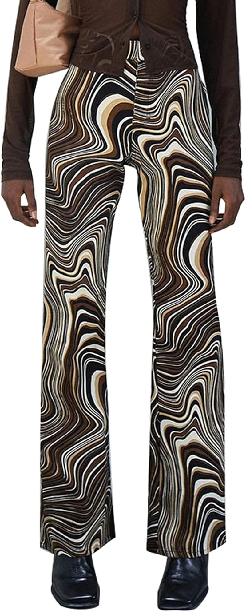 Women Y2K High Waist Pants Straight Leg Tie Dye Print Flared Bell Bottom 90S Vintage Streetwear Baggy Sweatpants Brown L