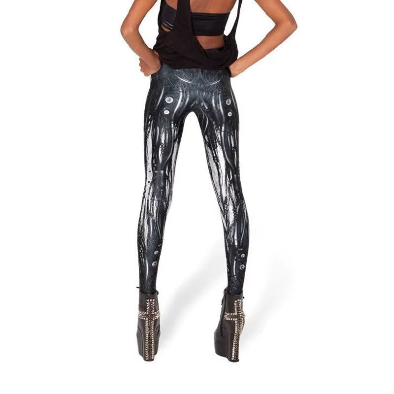Fashion Design Women Black Galaxy Leggings Space Mechanical Steel Tube Air Bubbles Print Pants Legging GL-19
