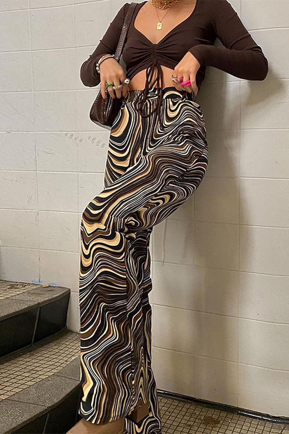 Women Y2K High Waist Pants Straight Leg Tie Dye Print Flared Bell Bottom 90S Vintage Streetwear Baggy Sweatpants Brown L