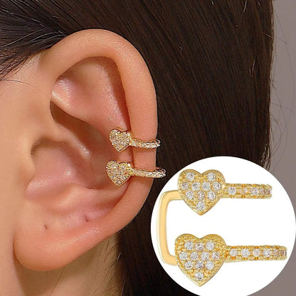 Korean Fashion Crystal Heart Ear Clip Earrings for Women Jewelry Ear Cuffs without Hole Single Double Layer Heart Fake Earrings